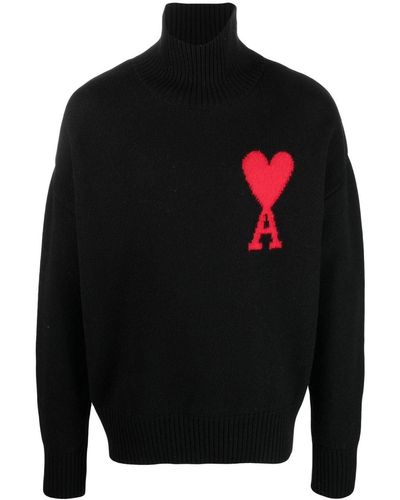Ami Paris Ami De Coeur Roll-neck Wool Sweater - Black