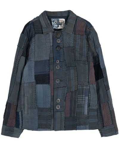 By Walid Patchwork Linen Shirt Jacket - Blue