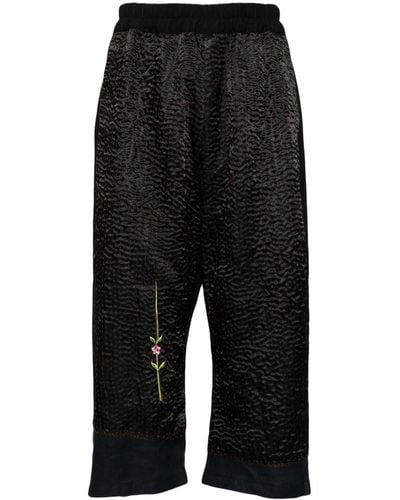By Walid Floral-embroidered Cropped Pants - Black