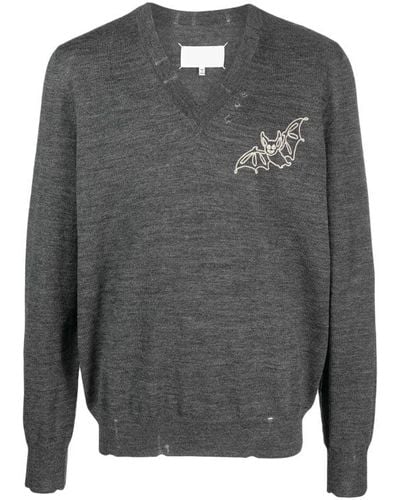Maison Margiela Mélange-effect Logo-print Sweater - Gray