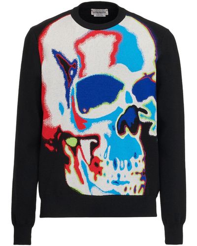 Alexander McQueen Skull Graffiti Intarsia-knit Sweater - Blue
