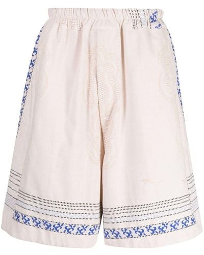 By Walid Floral-embroidered Linen Drop-crotch Shorts - Natural