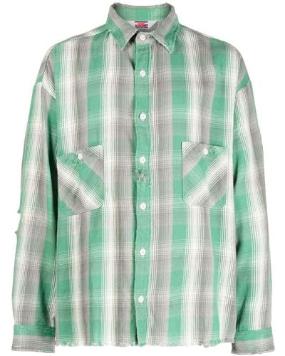 SAINT Mxxxxxx Check-print Ripped-detail Cotton Shirt - Green