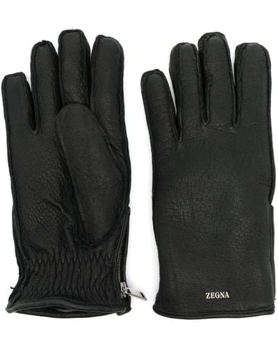 Zegna Logo-lettering Leather Gloves - Black