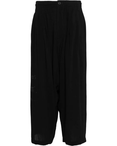 Yohji Yamamoto Graphic-print Cropped Velvet Trousers - Black