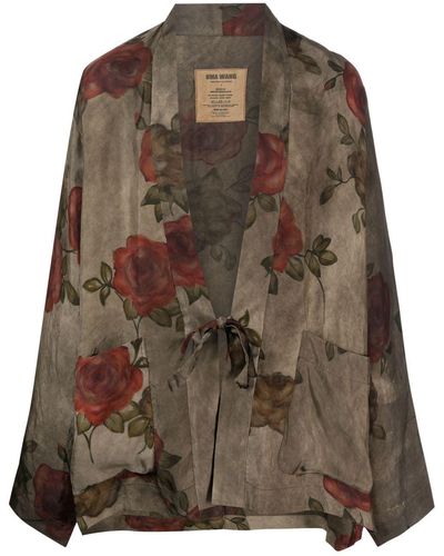 Uma Wang Floral-printed Tied Jacket - Brown