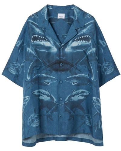 Burberry Shark Print Short-sleeve Silk Shirt - Blue
