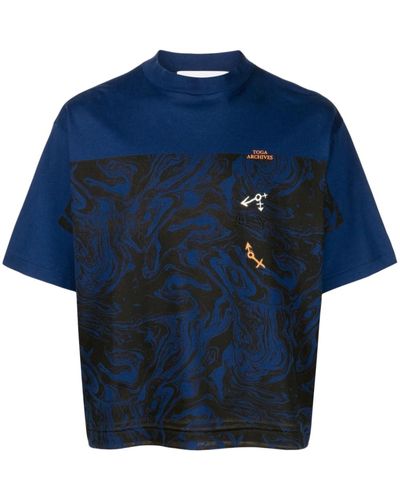 Toga Virilis Marble-print Cotton T-shirt - Blue