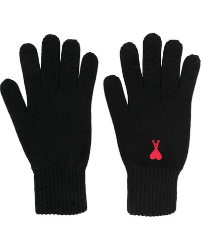 Ami Paris Logo-embroidered Merino Gloves - Black