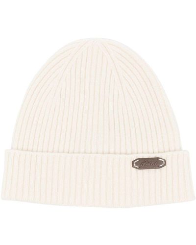 Brioni Logo-patch Ribbed-knit Beanie - Natural