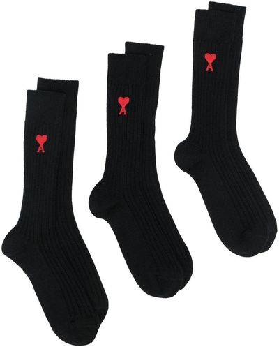 Ami Paris Logo-print Ribbed Three-pack Socks - Black