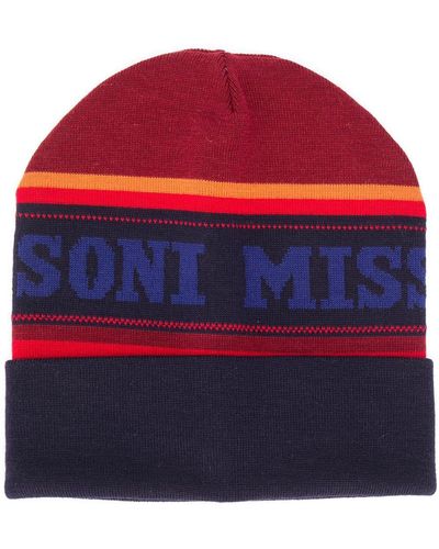 Missoni Striped Logo Printed Beanie Hat - Red