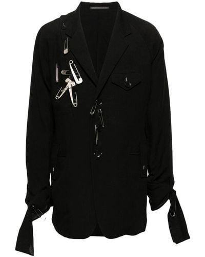 Yohji Yamamoto Safety-Pin Embellished Linen Blazer - Black