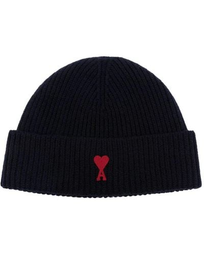 Ami Paris Ribbed-knit Embroidered Beanie - Blue
