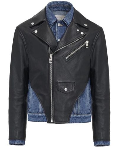 Alexander McQueen Leather Paneled Denim Jacket - Blue