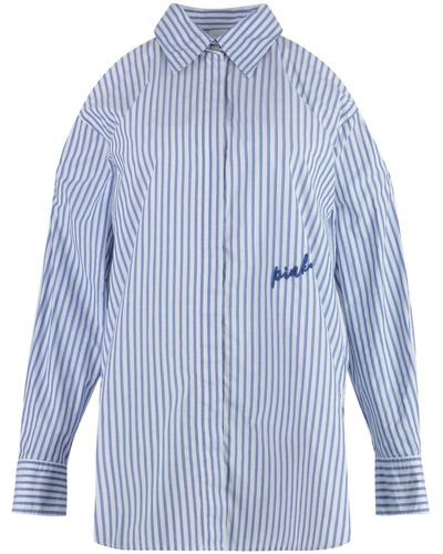 Pinko Camicia oversize a righe con ricamo logo in misto cotone azzurro - Blu