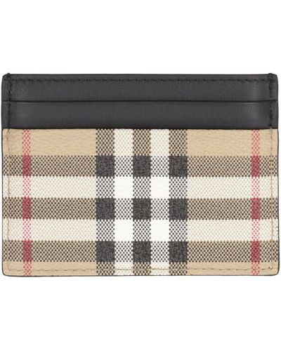 Burberry Leather And Checked Fabric Card Holder - Natural