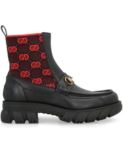 Gucci Leather Ankle Boots With Horsebit And GG Jersey - Black