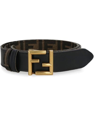 Fendi Leather And Ff Fabric Reversible Belt - Black