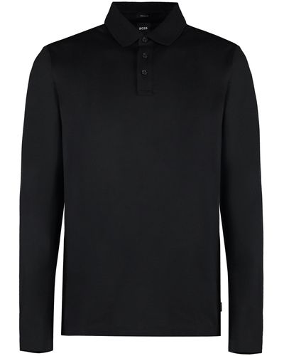 BOSS Long Sleeve Cotton Polo Shirt - Black