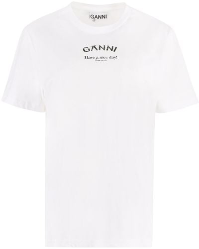 Ganni T-shirt in cotone con stampa - Bianco