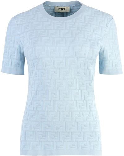 Fendi All-Over Logo Knitted T-Shirt - Blue