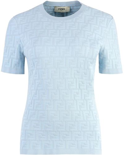 Fendi T-shirt in maglia con logo all-over - Blu