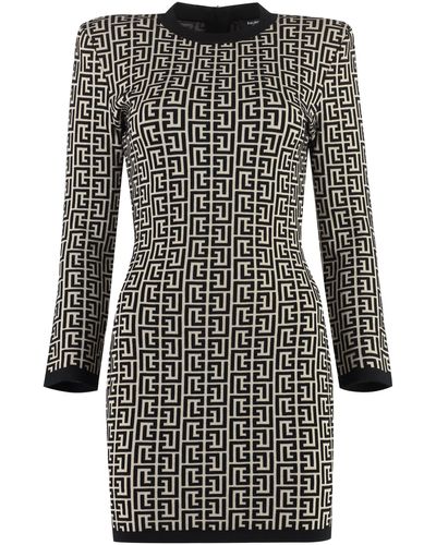 Balmain Geometric Jacquard Wool Dress - Black