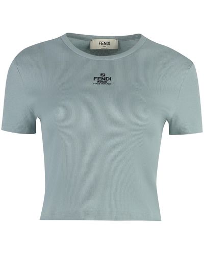 Fendi T-shirt in cotone con logo frontale - Blu