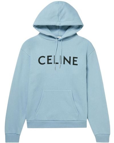 Celine Logo-print Cotton-jersey Hoodie In Light Blue