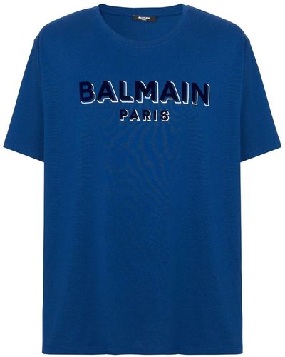 Balmain Crewneck Oversized T-Shirt With Velvet Logo - Blue