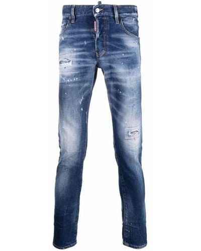 DSquared² Paint Splat Distressed Slim Fit Jeans - Blue