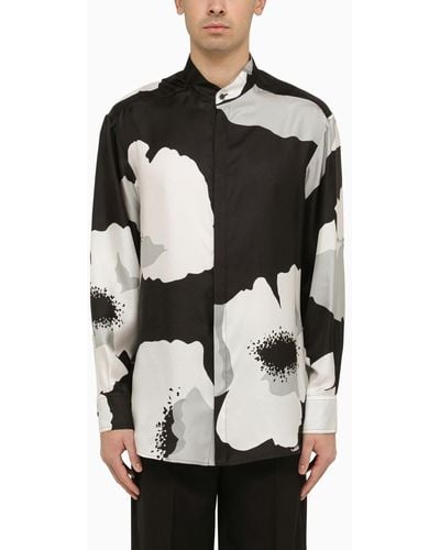 Valentino Flower Portrait /grey/ivory Silk Shirt - Black