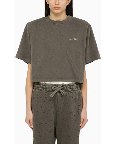 Halfboy Cropped T-shirt With Maxi Shoulders In Washed-out Effect - Gray