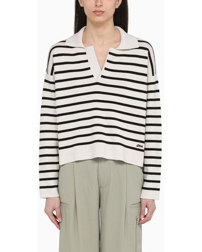 Ami Paris Chalk White/black Striped Jumper In Wool And Cotton