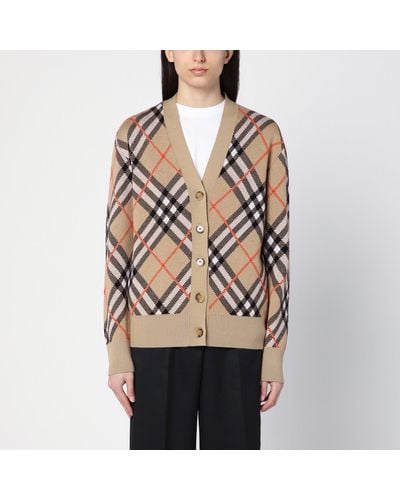 Burberry Wool And Mohair Cardigan With Check Pattern - Natural