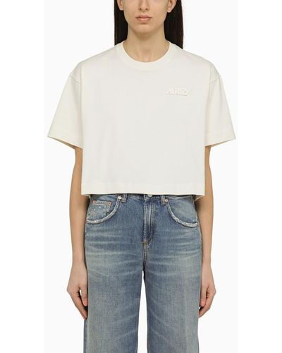 Autry Cream Coloured Cotton Cropped T Shirt - White