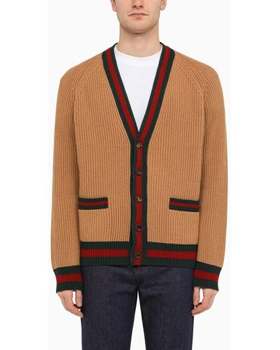 Gucci Cardigan color cammello in lana con nastro web - Neutro