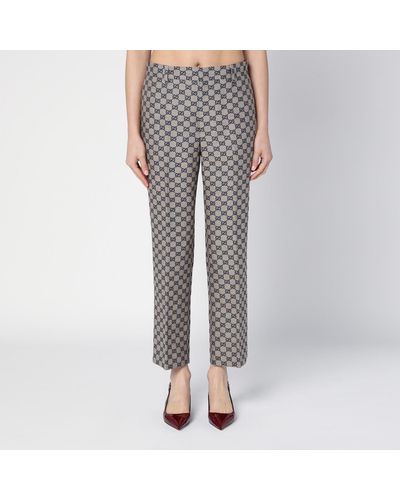 Gucci Beige/blue Linen Blend Trousers With gg Pattern - Grey