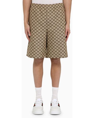 Gucci Bermuda Shorts In Beige/ebony gg Fabric In Linen Blend - Natural