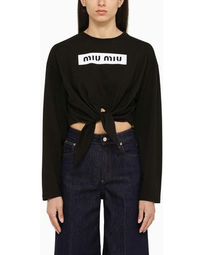Miu Miu T-shirt nera con nodo frontale - Nero