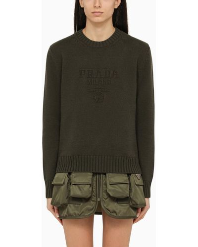 Prada Military Cashmere And Wool Crew-neck Jumper With Logo - Green