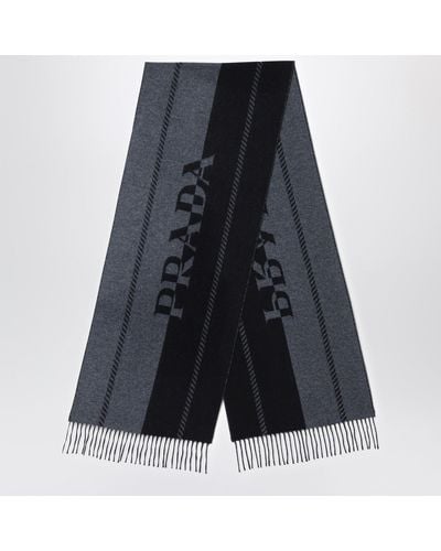 Prada Slate/black Wool Scarf With Jacquard Logo - Blue