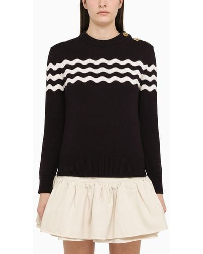 Patou Navy Cotton And Wool Jumper With White Detailing - Black