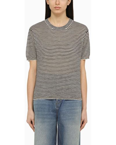Roberto Collina Ecru/navy Striped T-shirt In Linen Blend - Grey