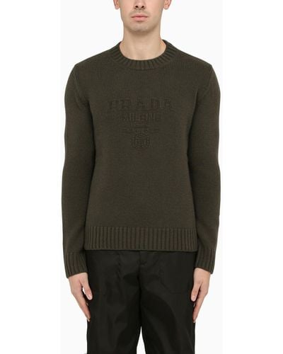 Prada Loden-coloured Wool Cashmere Crew-neck Jumper With Logo - Green