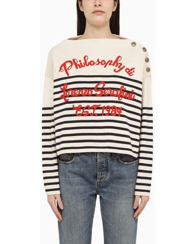 Philosophy White/blue Striped Sweater In Wool Blend With Logo - Red
