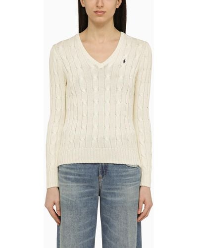 Polo Ralph Lauren Cream Coloured Cotton Cable Knit Jumper With Logo - White