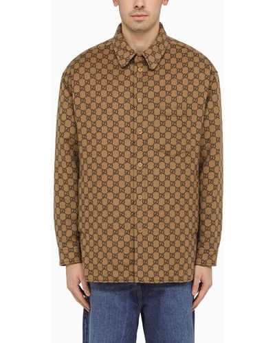 Gucci Camel Wool Shirt With gg Pattern - Brown