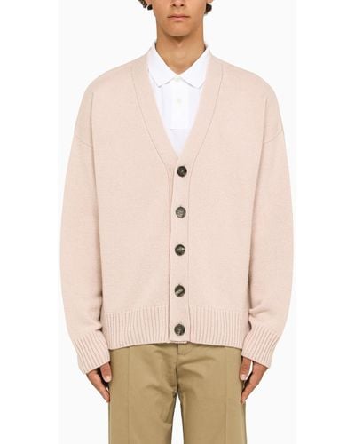 Ami Paris Powder Pink Wool And Cashmere Cardigan - Natural